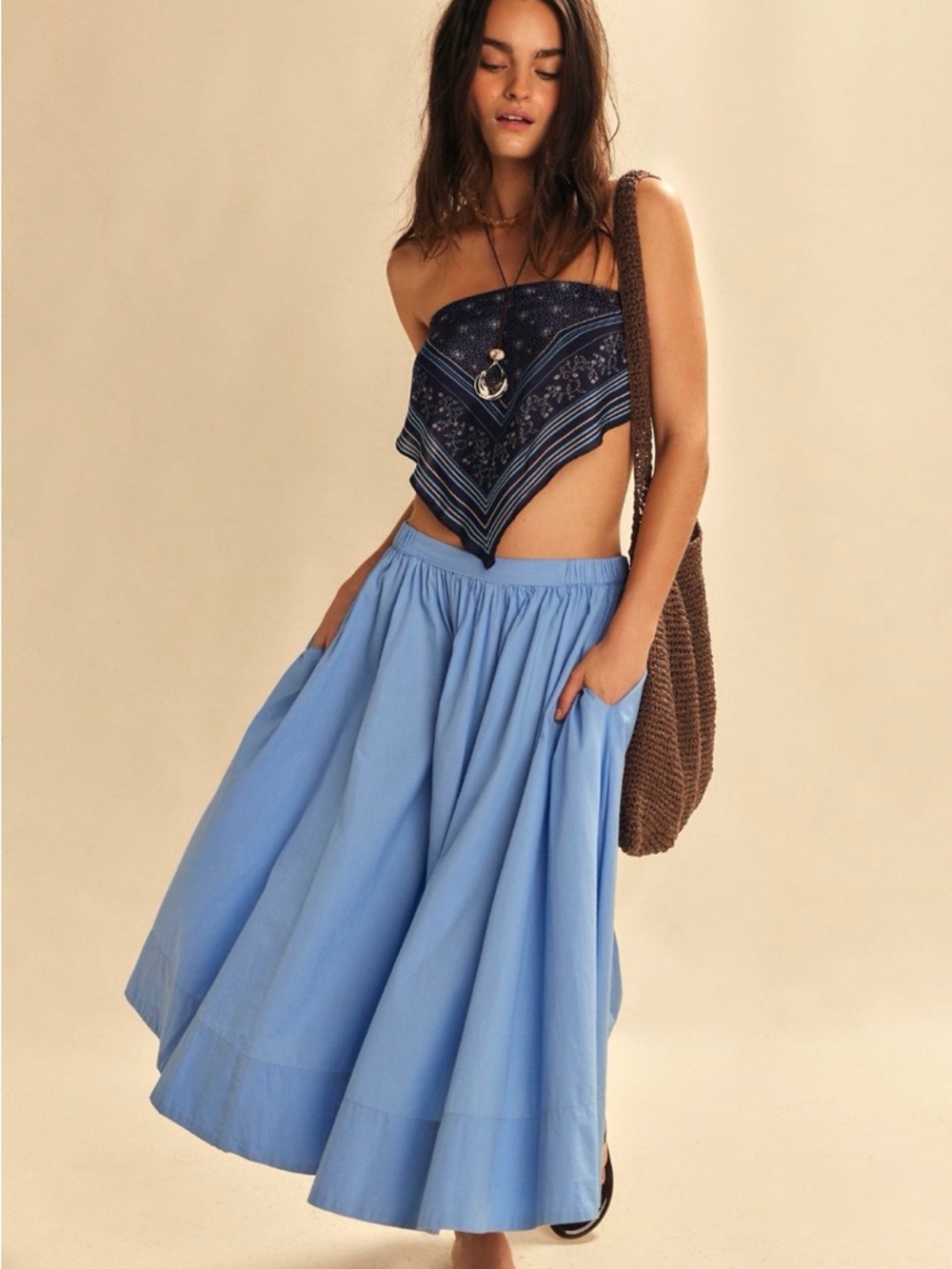 Free People Turquoise Gathered Midi Skirt size small. With Pockets. Like new